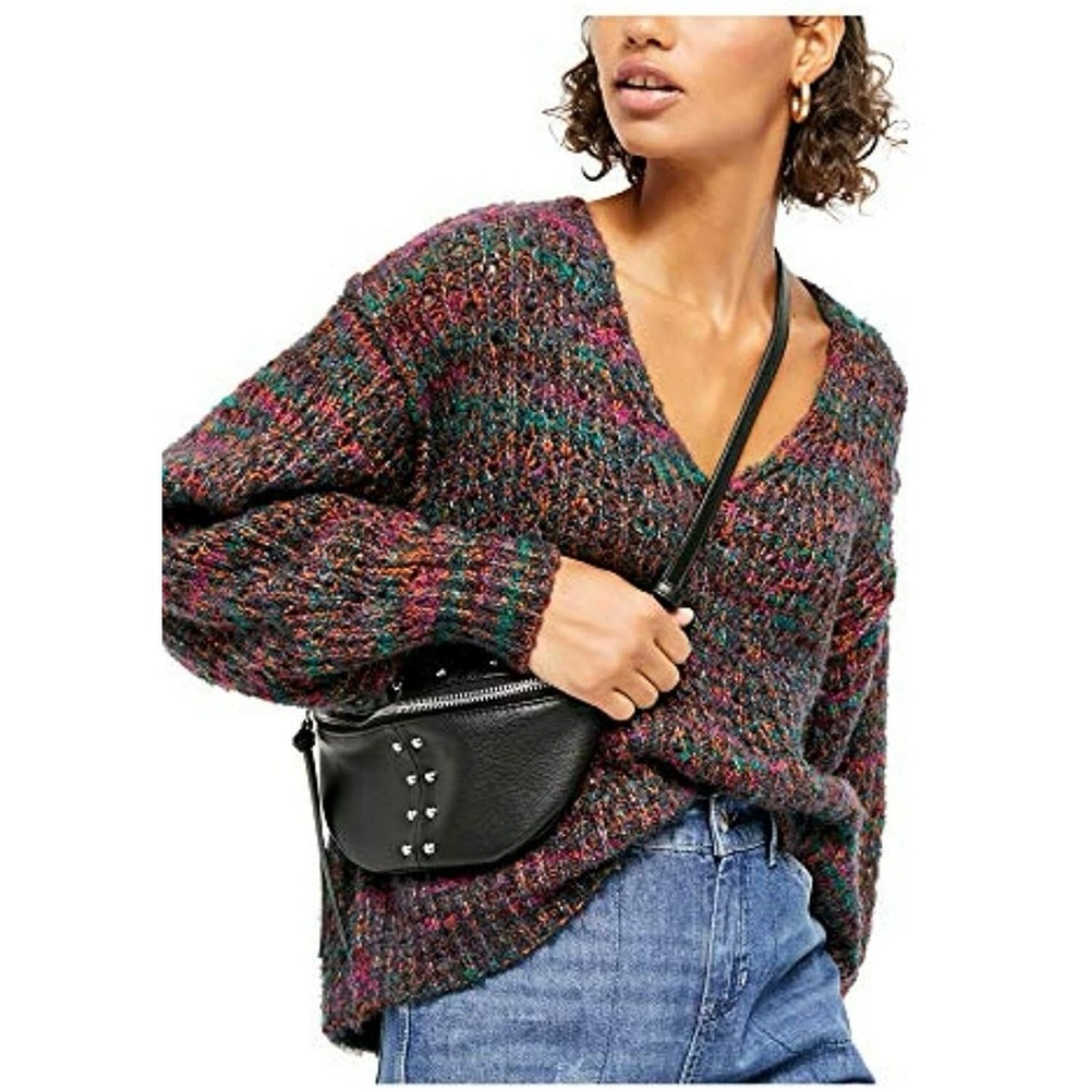 Free People Highland V Neck Knit Sweater Multicolor Size XS Oversized